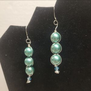 Hand Crafted Silver and 3 Green Faux Pearl and Blue Bicone Earrings